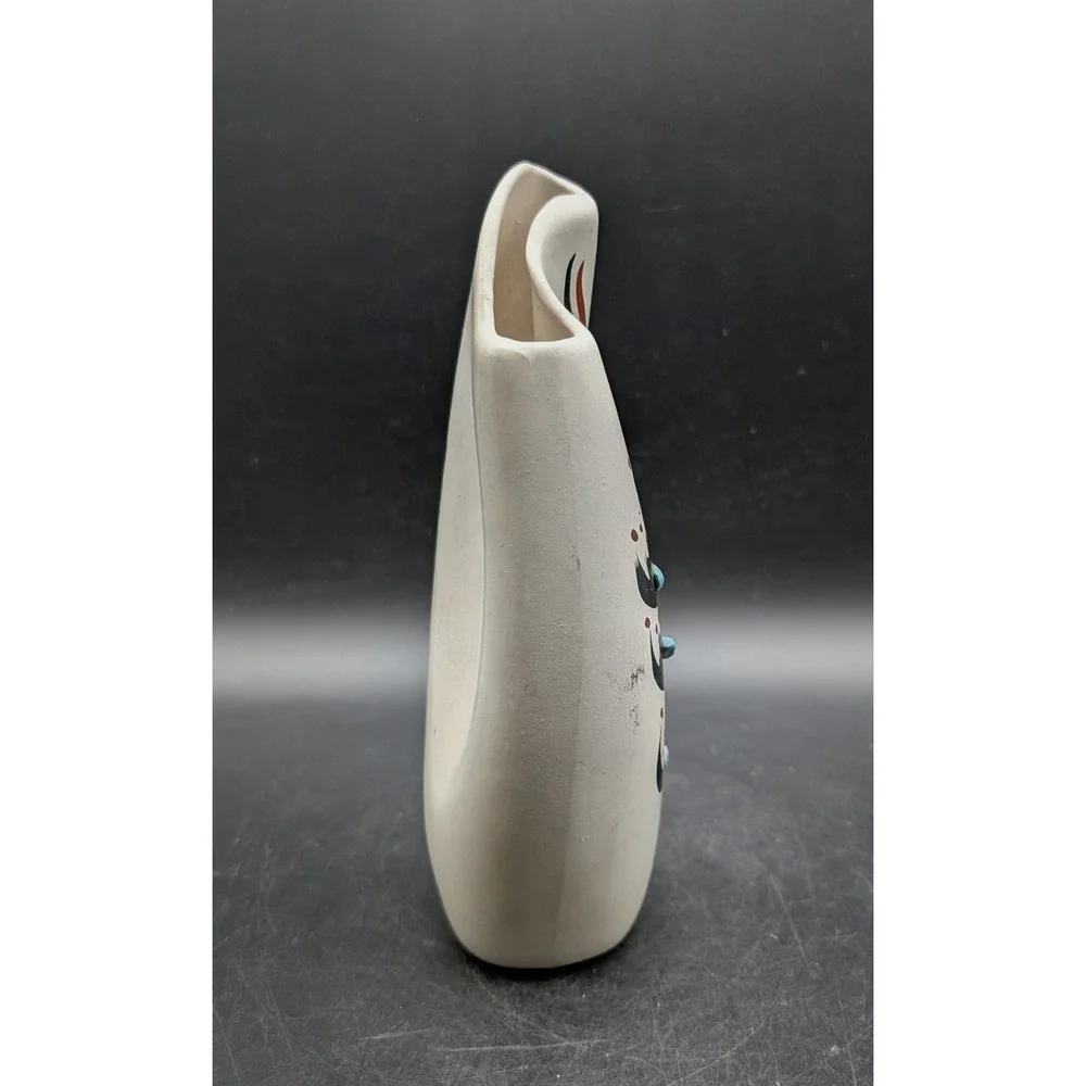 Signed Southwest Ceramic Art Pottery Vase Turquoise Accents White Black 8
